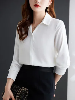  Однотонная женска риза сапфир цвят, с дълъг ръкав, сатен драпированная елегантен офис дамски тайната на планк, работно официален топ, блуза, жилетка 2022