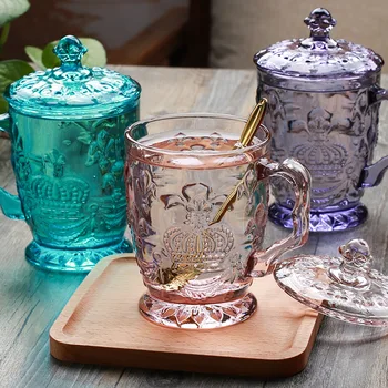  чаша выбитой crown цвят 350мл стъкло с капак лилаво розова синя стъклена чаша питие за подарък