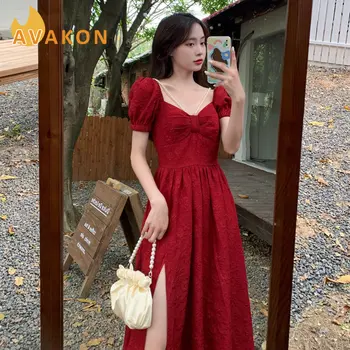  Трапециевидное однотонное червена рокля 2022, дамски летни дрехи, обличам голямо качество с U-образно деколте и с пищни ръкави, рокля до средата на прасците с перли