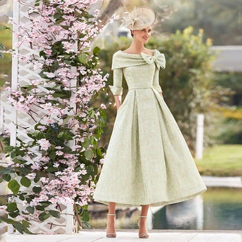  Ново Красиво светло зелено Сватбена рокля Emy Mother of the Чаена дължина с деколте Лодка за гости, Сватбена рокля с Лък 2022 година, Елегантна