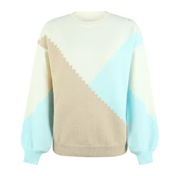  Реколта Възли Пуловери, Дамски Ежедневни Модни Пуловери С Кръгли Деколтета, Големи Геометрични Пуловер С Цветни Блокчета, Зимни Дрехи Y2k