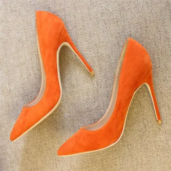  Безплатна доставка, модни дамски обувки-лодки, оранжеви обувки на висок ток от флока с остри пръсти, размер 33-43, 12 см, 10 см, 8 см, вечерни обувки на висок ток