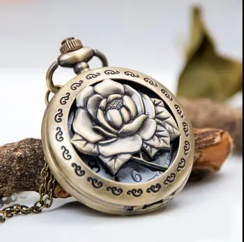  Старинни Бронзови Модни кристални рози Выдалбливают висулка Колие джобни часовници женски подарък