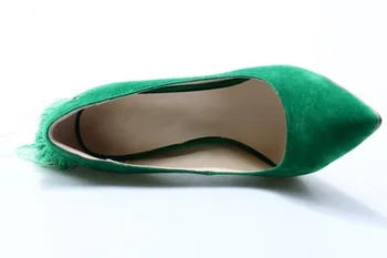  Обувки На Висок Ток с четки, Зелени Велурени Дамски Обувки-лодка с ресни На Тънък Ток, Пикантни Модела Обувки на висок ток с остър пръсти, Реална Снимка