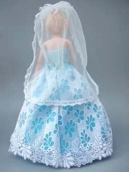  Детски рожден ден подарък елегантно синьо-бяла рокля с воал, за вечерна рокля за кукла Барби
