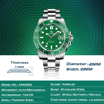  Формира един производствен Автоматични Часовници за Мъже 40 мм Зелени Водни Часовници Призрак Япония Movt Механични Ръчни часовници 100 м Водоустойчива Relogio